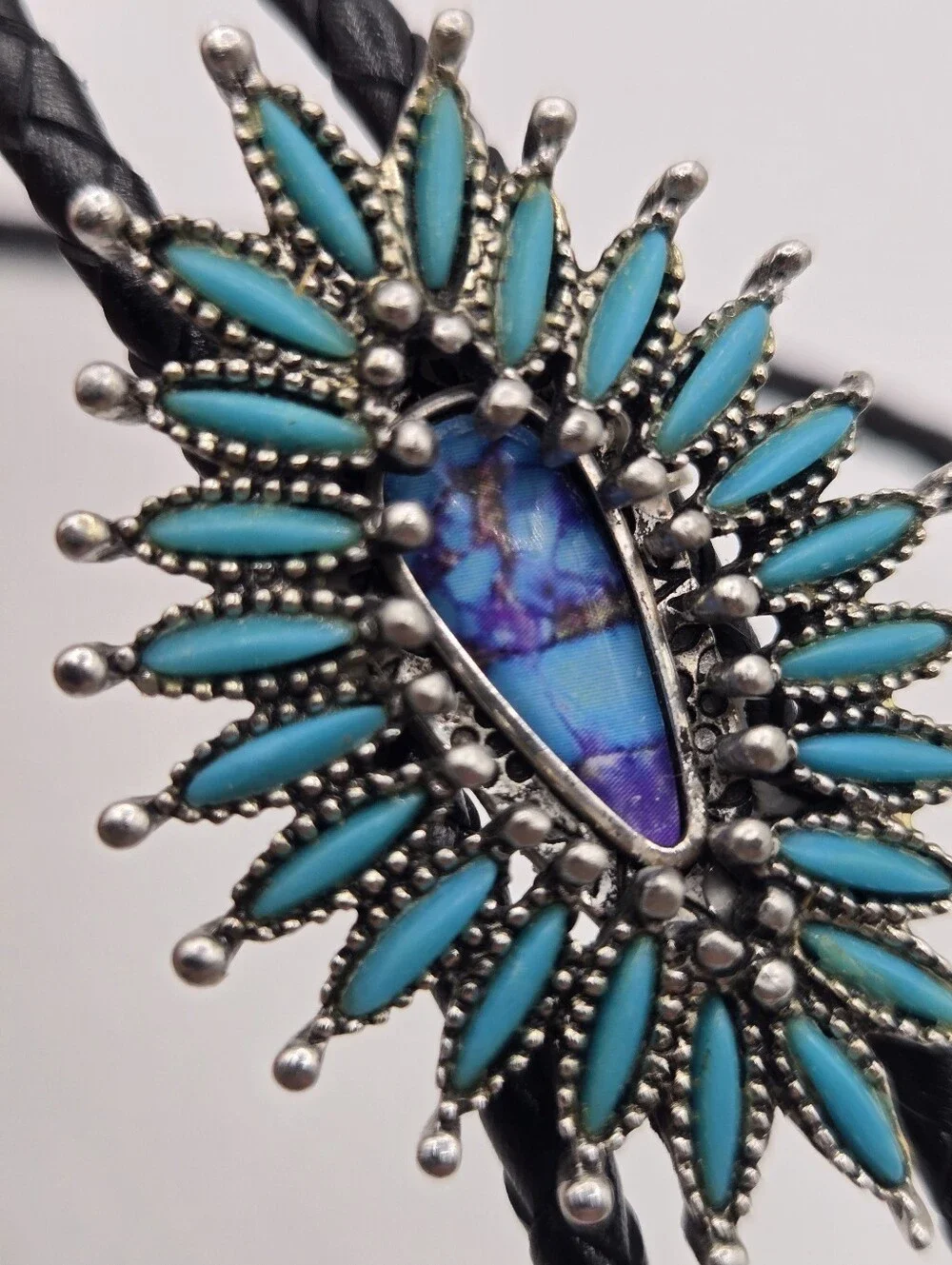 Silver Faux Turquoise Western Bolo Tie Leather Braid Rockstar 70s Aesthetic